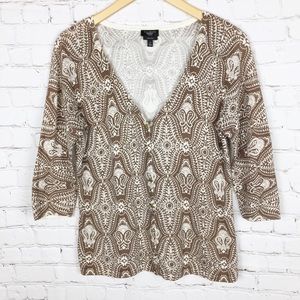 Talbots Petite Small Brown V-Neck Print Cardigan.